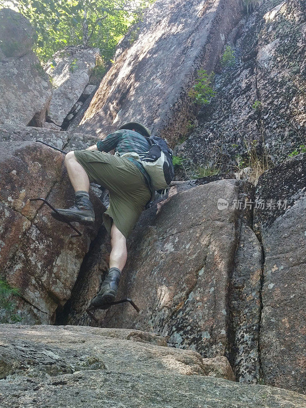 Hiker Man Climbing Metal Rungs Ladder Mountain, Precipice Trail, Acadia